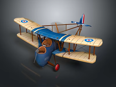 Vintage Biplane Model Featuring Blue Body Wooden Wings Round Insignia And Red Wheels 3d model