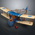 Vintage Biplane Model Featuring Blue Body Wooden Wings Round Insignia And Red Wheels