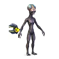 Alien Creature With Slender Body Holding Glowing Yellow And Black Tech Gadget