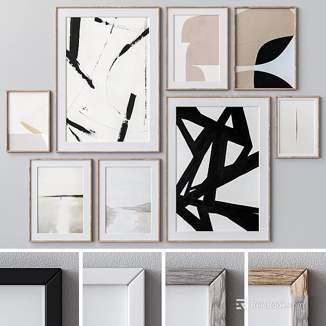 Multiple Abstract Artworks on Light Gray Wall with Black White and Beige Frames 3d model 