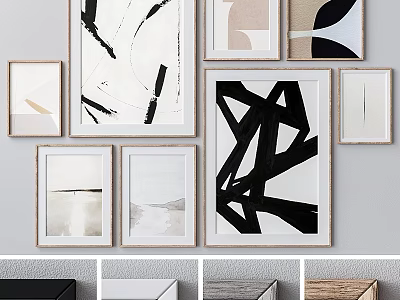 Multiple Abstract Artworks on Light Gray Wall with Black White and Beige Frames 3d model