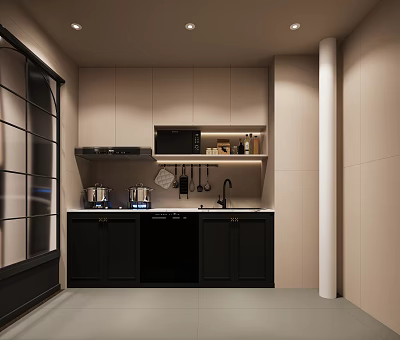 Modern Kitchen Interior With Black Cabinets Microwave Sink Countertop And Appliances 3d model