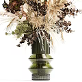 Natural Dried Flower Arrangement In Green Glass Vase With Beige Brown Blooms And Leaves