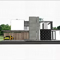 Modern Detached Villa with Concrete Facade Illuminated Garage and Parked Car Near Trees