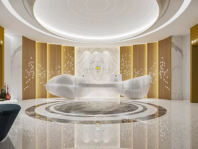 Modern Hospital Outpatient Clinic Lobby With Circular Ceiling Light Marble Floor And Wooden Panel Walls 3d model