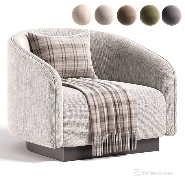 Light Grey Modern Upholstered Lounge Chair With Plaid Decorative Pillow And Soft Tassel Throw Blanket 3d model 