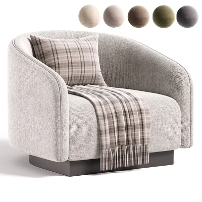 Light Grey Modern Upholstered Lounge Chair With Plaid Decorative Pillow And Soft Tassel Throw Blanket 3d model