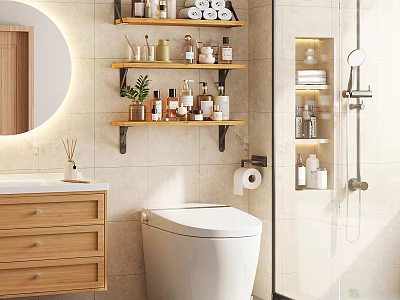 Bathroom Shelves with Toiletries Towels and Skincare Products in Modern Bathroom with Mirror and Vanity 3d model