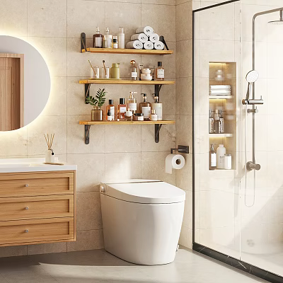 Bathroom Shelves with Toiletries Towels and Skincare Products in Modern Bathroom with Mirror and Vanity 3d model