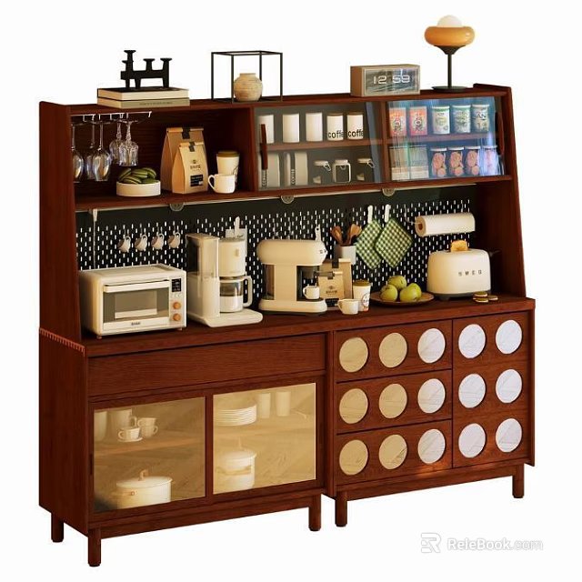 Wooden Sideboard With Wine Glasses Coffee Maker Microwave Glass Doors And Round Decorative Panels 3d model 