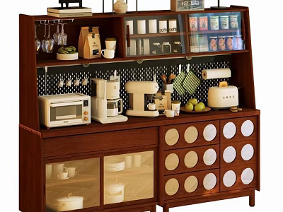Wooden Sideboard With Wine Glasses Coffee Maker Microwave Glass Doors And Round Decorative Panels 3d model