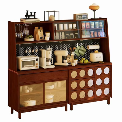 Wooden Sideboard With Wine Glasses Coffee Maker Microwave Glass Doors And Round Decorative Panels 3d model