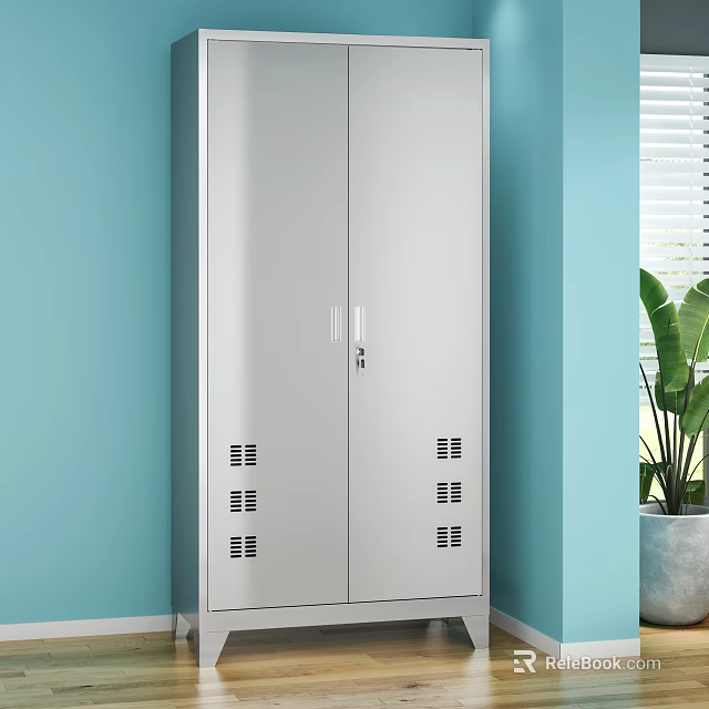 Silver Double Door Storage Cabinet In Light Blue Room With Green Plant And Blinds 3d model 