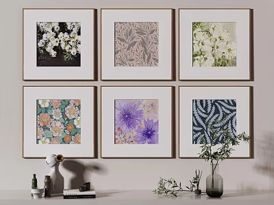 Colorful Abstract Paintings with Floral Patterns in White Frames Hanging on Wall for Home Decor 3d model