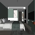 Modern Hotel Room Interior With Green Walls Bed Wooden Desk And Chair