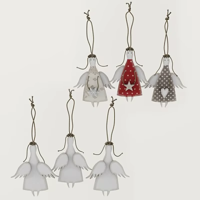 Angel Ornaments With Red Grey White Star Polka Dot Details And Brown String Hangers 3d model