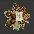 Assorted Food Platter With Sesame Balls Fried Snacks Fresh Cheese Vegetable Sticks And Olives