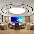 Modern Office Meeting Room With Circular Conference Tables Multiple Chairs Large Screen And Modern Ceiling Design