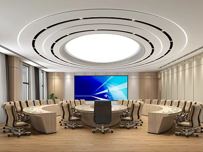 Modern Office Meeting Room With Circular Conference Tables Multiple Chairs Large Screen And Modern Ceiling Design 3d model