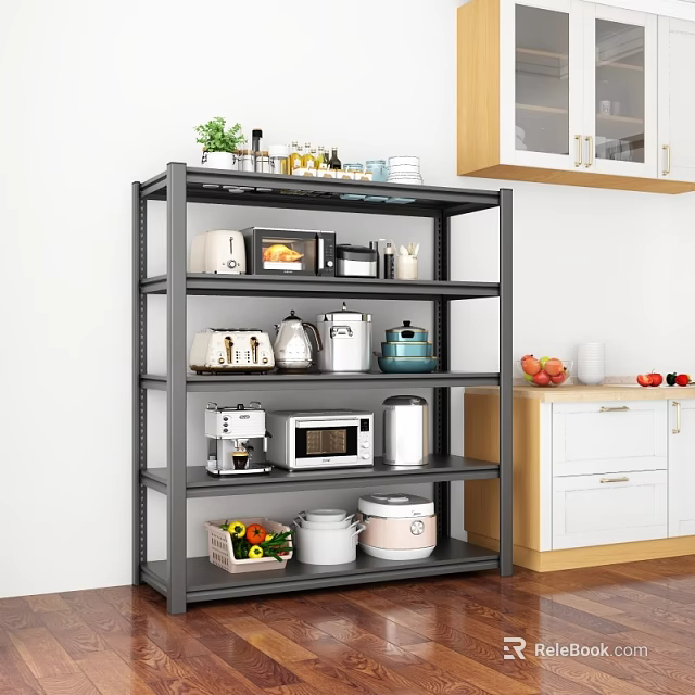 Multi layer Metal Kitchen Shelf With Microwave Coffee Maker And Cookware Storage 3d model 