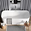 White Bathtub With Gray Curtains Window Potted Plant Gray Towel Wooden Table And Toiletries Basket