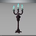 Ornate Red Candelabra With Three Arms And Blue Green Flaming Candles