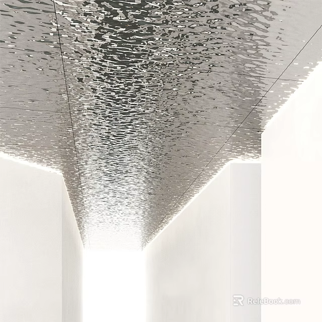 Modern Metallic Textured Ceiling Design In Corridor With Reflective Wavy Pattern And White Walls 3d model 