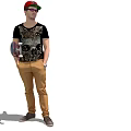 Stylish Man Wearing Red Purple Cap Black Skull T Shirt Khaki Pants And Holding Skateboard