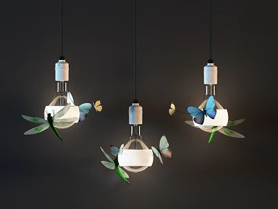 Elegant Decorative Pendant Lights With Transparent Bulbs Blue Butterflies And Dragonflies 3d model