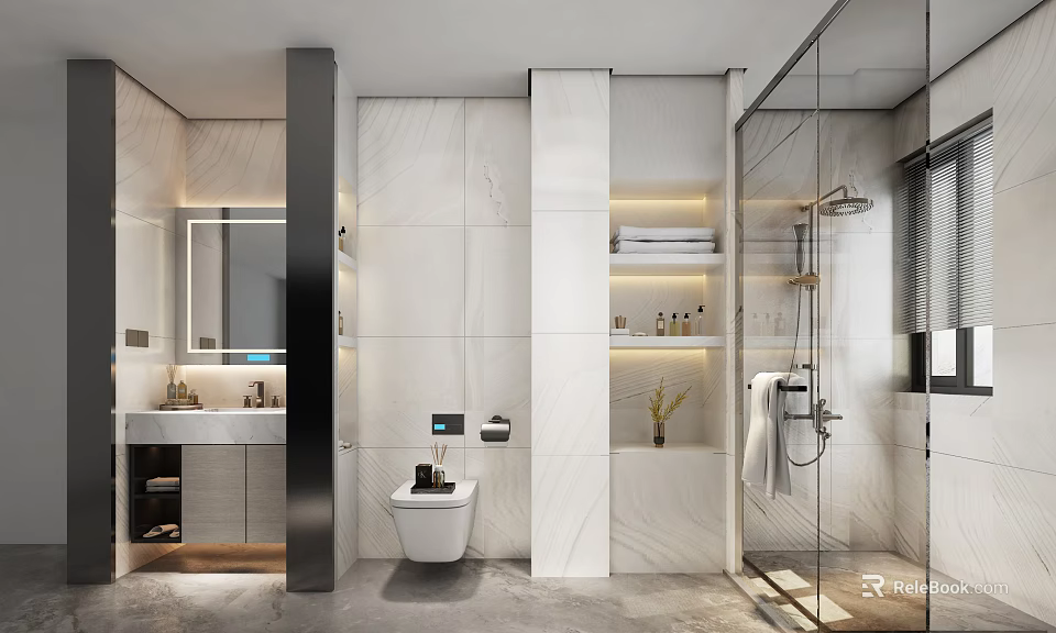 Modern Bathroom Interior With Marble Walls Glass Shower And Recessed Lighting Vanity Sink 3d model 