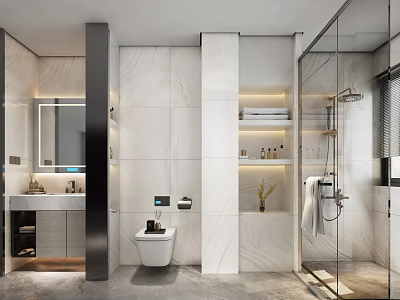 Modern Bathroom Interior With Marble Walls Glass Shower And Recessed Lighting Vanity Sink 3d model