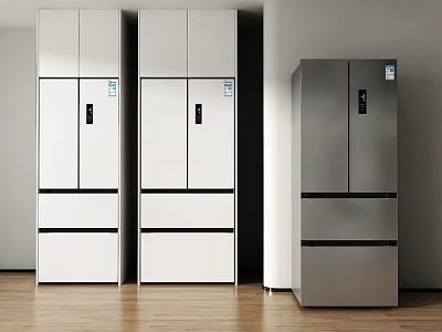 Stylish Modern Multi Door Refrigerator Freezers In White And Silver Kitchen Showroom 3d model