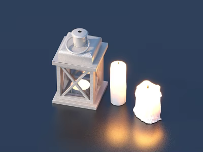 Decorative White Lantern And Two Candles As Household Decor Items With Surface Reflection 3d model