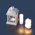 Decorative White Lantern And Two Candles As Household Decor Items With Surface Reflection