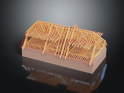 House Frame Model With Wooden Roof Trusses And Brick Base Structure 3d model