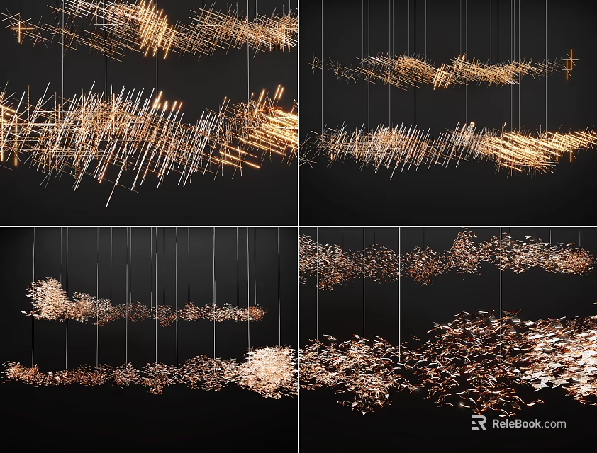 Modern Artistic Chandeliers with Slender Golden Metal Pieces and Warm Illumination for Contemporary Spaces 3d model 