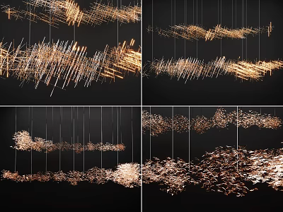 Modern Artistic Chandeliers with Slender Golden Metal Pieces and Warm Illumination for Contemporary Spaces 3d model