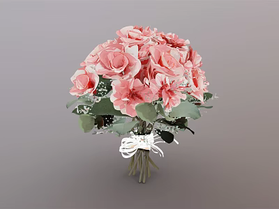 Fresh Pink Roses Bouquet With Green Leaves And White Ribbon Decoration 3d model