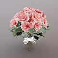 Fresh Pink Roses Bouquet With Green Leaves And White Ribbon Decoration