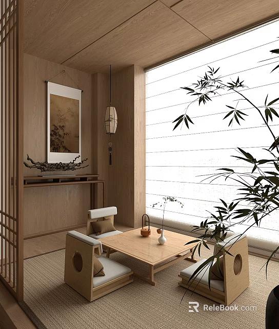 Japanese Style Tea Room Interior With Wooden Furniture Bamboo Plant And Hanging Lantern 3d model 