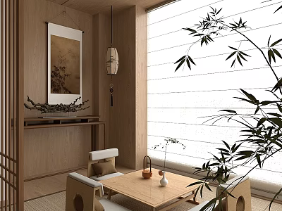 Japanese Style Tea Room Interior With Wooden Furniture Bamboo Plant And Hanging Lantern 3d model