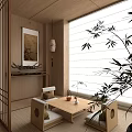 Japanese Style Tea Room Interior With Wooden Furniture Bamboo Plant And Hanging Lantern