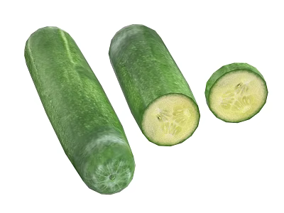 Fresh Green Cucumbers Whole Half and Sliced Display on White Background 3d model