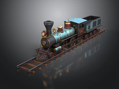 Vintage Steam Train Model With Blue Black And Gold Accents On Rail Tracks 3d model