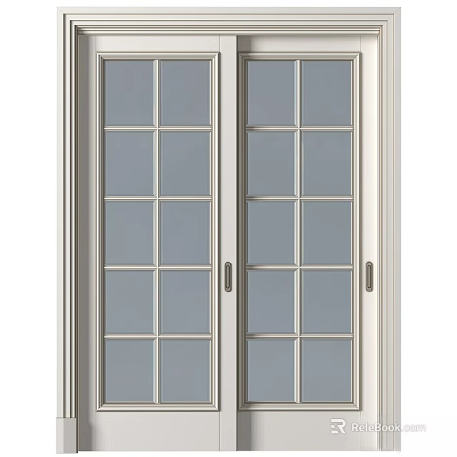 Double Casement Doors With Grid Glass Panes And White Frame For Modern Interior 3d model 