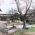 Traditional Japanese Courtyard Garden with Wooden Bridge Stone Lantern Green Statues and Stones
