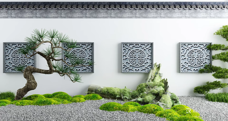 Chinese Style Scenic Wall With Carved Lattice Panels And Pine Tree Moss Pebbles 3d model 