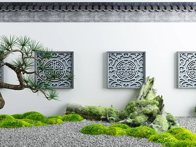 Chinese Style Scenic Wall With Carved Lattice Panels And Pine Tree Moss Pebbles 3d model