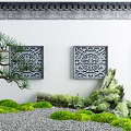 Chinese Style Scenic Wall With Carved Lattice Panels And Pine Tree Moss Pebbles
