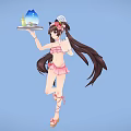 Woman In Pink Bikini With Long Hair Holding Tray With Drink Snacks And Floral Hairpieces